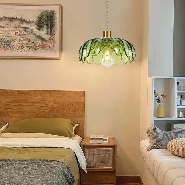 Alt view image 4 of 7 - Plug in Pendant Light Hanging Lights with Plug in Cord Boho Hanging Lamp Glass Gold Mid Century Modern Vintage Dimmable Green Flower Plug in Chandelier Ceiling Fixture for Living Room,Kitchen