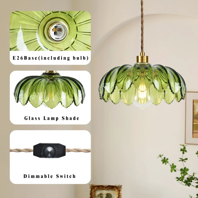Alt view image 6 of 7 - Plug in Pendant Light Hanging Lights with Plug in Cord Boho Hanging Lamp Glass Gold Mid Century Modern Vintage Dimmable Green Flower Plug in Chandelier Ceiling Fixture for Living Room,Kitchen