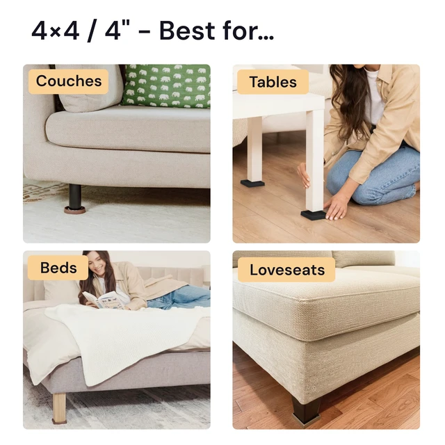 Alt view image 4 of 7 - Square Caster Cups - 4 in Black, 4 Pack, Non-Slip Heavy-duty rubber caster cups - Use for bed, sofa & chair legs on hardwood, stop sliding