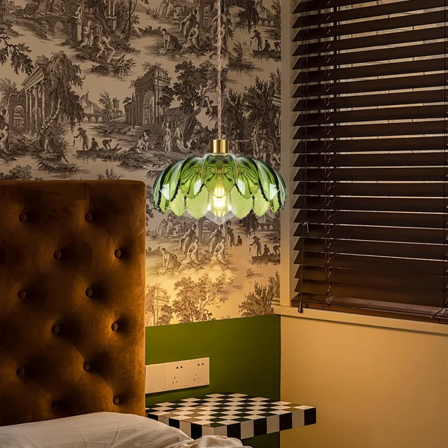 Alt view image 7 of 7 - Plug in Pendant Light Hanging Lights with Plug in Cord Boho Hanging Lamp Glass Gold Mid Century Modern Vintage Dimmable Green Flower Plug in Chandelier Ceiling Fixture for Living Room,Kitchen