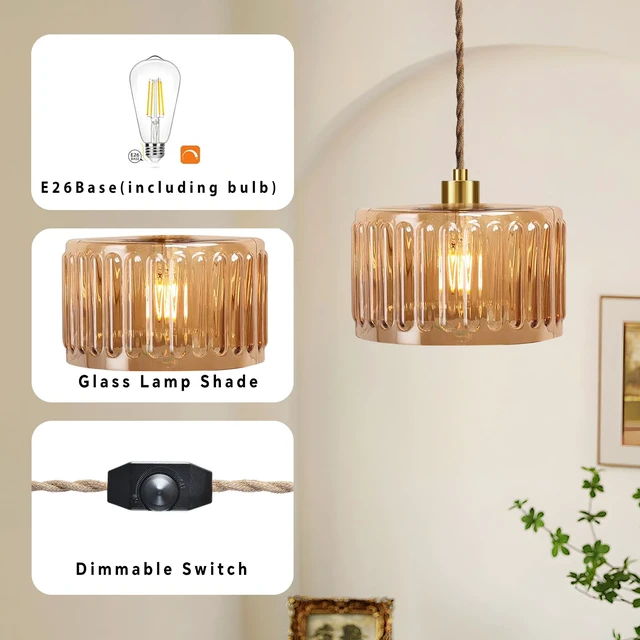 Alt view image 4 of 7 - Plug in Pendant Light Hanging Lights with in Cord Mid Century Modern Gold Hanging Lamp Flower Glass Amber Vintage Dimmable Chandelier Ceiling Fixture for Living Room,Kitchen,Boho