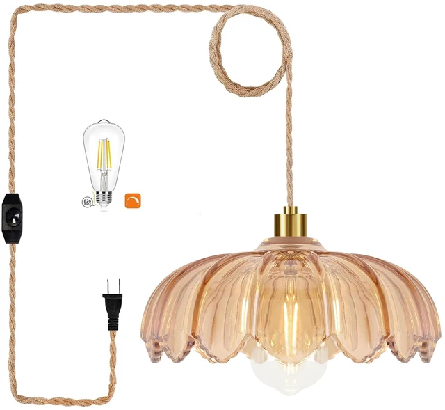 Main image of Plug in Pendant Light Hanging Lights with in Cord Mid Century Modern Gold Hanging Lamp Flower Glass Amber Vintage Dimmable Chandelier Ceiling Fixture for Living Room,Kitchen,Boho