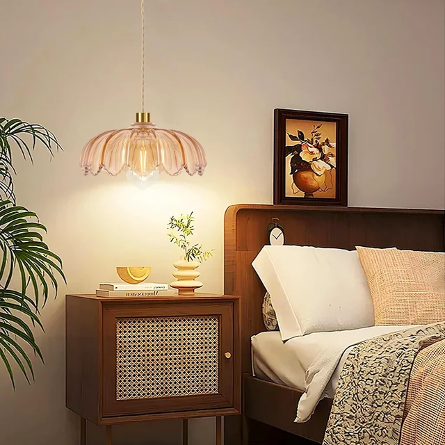 Alt view image 3 of 7 - Plug in Pendant Light Hanging Lights with in Cord Mid Century Modern Gold Hanging Lamp Flower Glass Amber Vintage Dimmable Chandelier Ceiling Fixture for Living Room,Kitchen,Boho