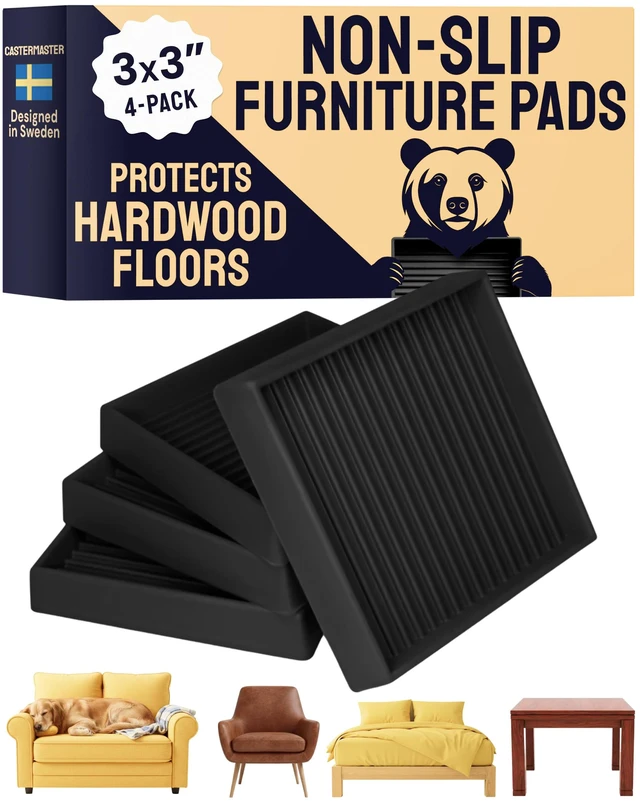 Main image of Square Caster Cups - 3x3 in Black, 4 Pack Rubber furniture sliders & feet - noise-dampening - Use for furniture on hardwood, floor protection