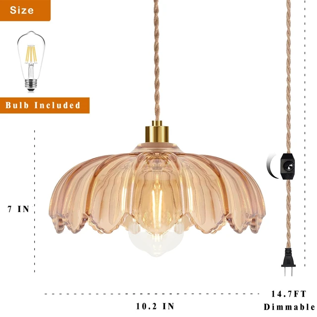 Alt view image 5 of 7 - Plug in Pendant Light Hanging Lights with in Cord Mid Century Modern Gold Hanging Lamp Flower Glass Amber Vintage Dimmable Chandelier Ceiling Fixture for Living Room,Kitchen,Boho
