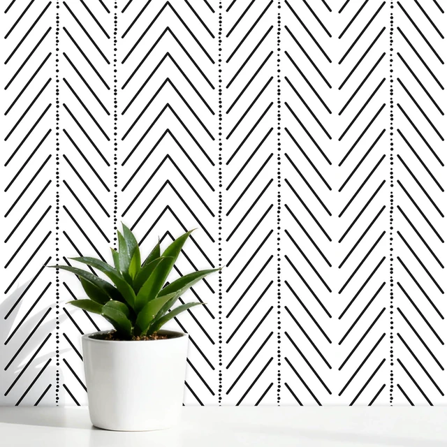 Main image of Black and White Wallpaper Striped Contact Paper Modern Wall Paper Peel and Stick Herringbone Renter Friendly Self-Adhesive Waterproof Removable Bathroom Bedroom Vinyl 17.3" x 393"