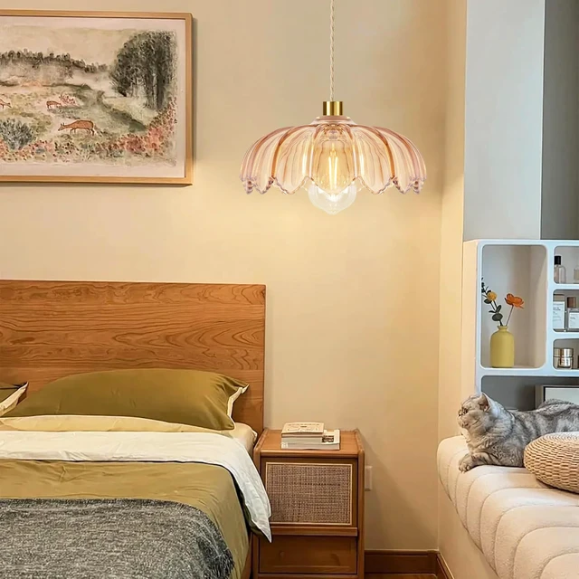 Alt view image 4 of 7 - Plug in Pendant Light Hanging Lights with in Cord Mid Century Modern Gold Hanging Lamp Flower Glass Amber Vintage Dimmable Chandelier Ceiling Fixture for Living Room,Kitchen,Boho