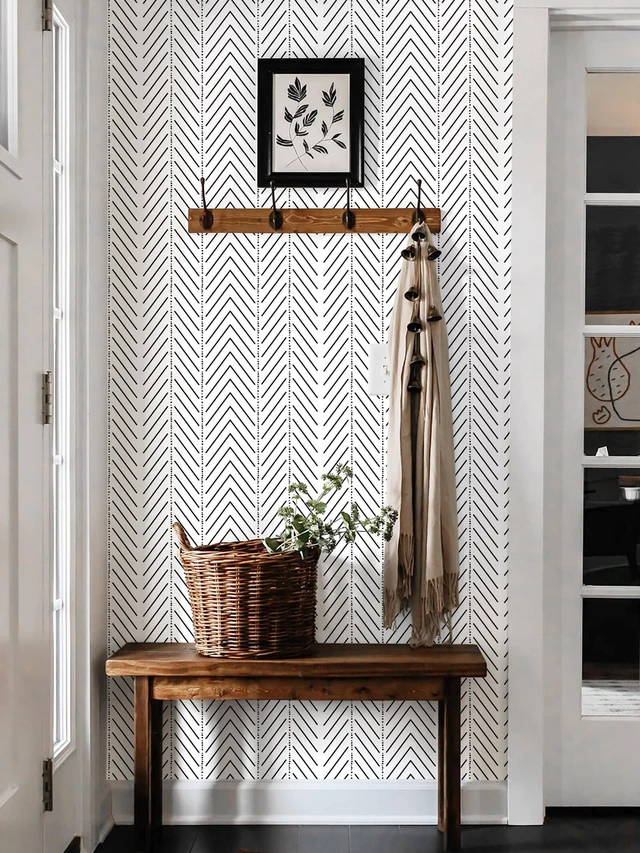 Alt view image 2 of 7 - Black and White Wallpaper Striped Contact Paper Modern Wall Paper Peel and Stick Herringbone Renter Friendly Self-Adhesive Waterproof Removable Bathroom Bedroom Vinyl 17.3" x 393"