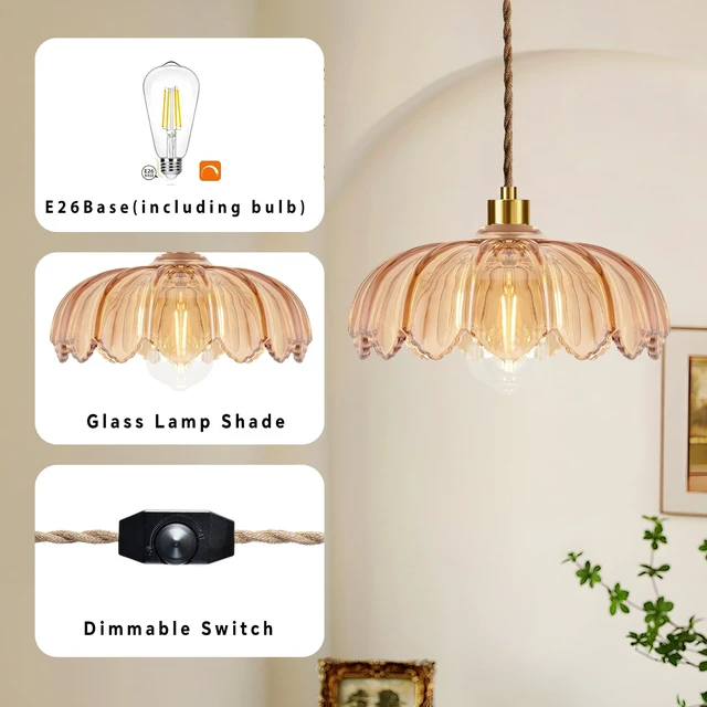 Alt view image 6 of 7 - Plug in Pendant Light Hanging Lights with in Cord Mid Century Modern Gold Hanging Lamp Flower Glass Amber Vintage Dimmable Chandelier Ceiling Fixture for Living Room,Kitchen,Boho