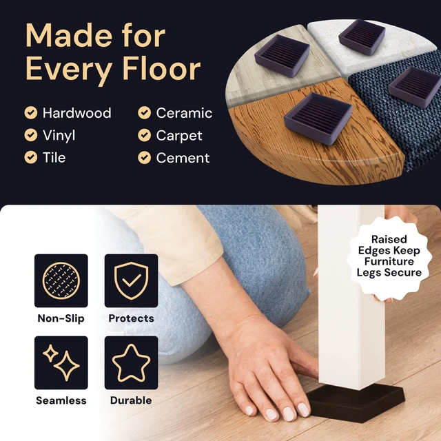Alt view image 6 of 7 - Square Caster Cups - 3x3 in Black, 4 Pack Rubber furniture sliders & feet - noise-dampening - Use for furniture on hardwood, floor protection