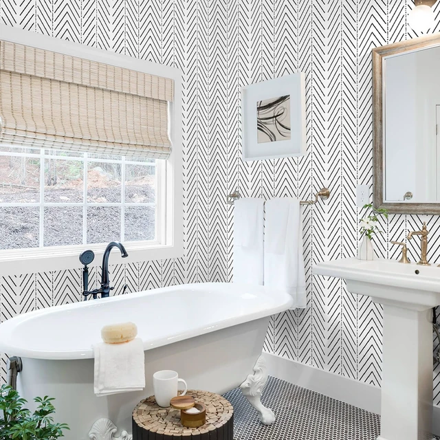 Alt view image 3 of 7 - Black and White Wallpaper Striped Contact Paper Modern Wall Paper Peel and Stick Herringbone Renter Friendly Self-Adhesive Waterproof Removable Bathroom Bedroom Vinyl 17.3" x 393"