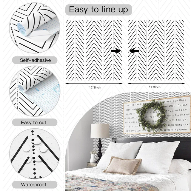 Alt view image 4 of 7 - Black and White Wallpaper Striped Contact Paper Modern Wall Paper Peel and Stick Herringbone Renter Friendly Self-Adhesive Waterproof Removable Bathroom Bedroom Vinyl 17.3" x 393"