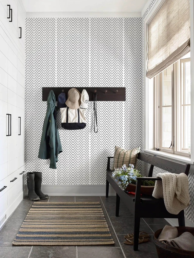 Alt view image 5 of 7 - Black and White Wallpaper Striped Contact Paper Modern Wall Paper Peel and Stick Herringbone Renter Friendly Self-Adhesive Waterproof Removable Bathroom Bedroom Vinyl 17.3" x 393"