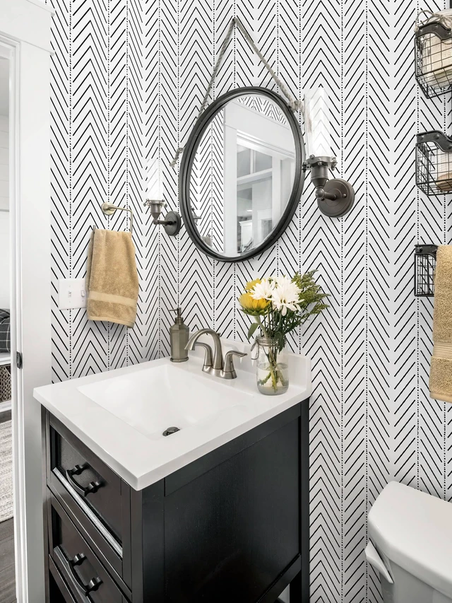 Alt view image 6 of 7 - Black and White Wallpaper Striped Contact Paper Modern Wall Paper Peel and Stick Herringbone Renter Friendly Self-Adhesive Waterproof Removable Bathroom Bedroom Vinyl 17.3" x 393"