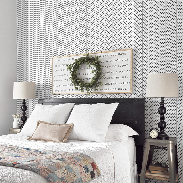 Alt view image 7 of 7 - Black and White Wallpaper Striped Contact Paper Modern Wall Paper Peel and Stick Herringbone Renter Friendly Self-Adhesive Waterproof Removable Bathroom Bedroom Vinyl 17.3" x 393"