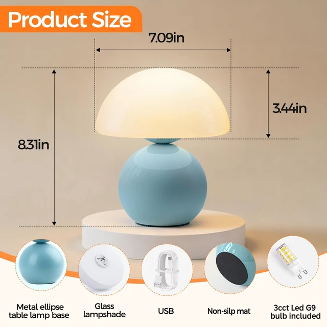 Alt view image 2 of 7 - Mushroom Lamp Table Lamp for Bedroom, Portables Cordless Table Lamp,Wireless lamp,Small Bedside Table Touch Lamps for Living Room,Mini Mushroom 5200mAh Battery Operated Lamp Modern Blue