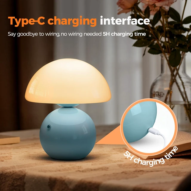 Alt view image 3 of 7 - Mushroom Lamp Table Lamp for Bedroom, Portables Cordless Table Lamp,Wireless lamp,Small Bedside Table Touch Lamps for Living Room,Mini Mushroom 5200mAh Battery Operated Lamp Modern Blue