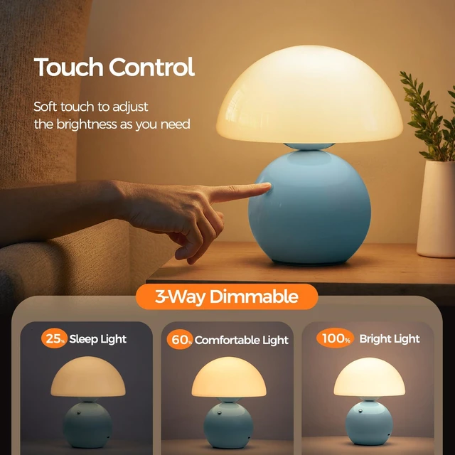 Alt view image 4 of 7 - Mushroom Lamp Table Lamp for Bedroom, Portables Cordless Table Lamp,Wireless lamp,Small Bedside Table Touch Lamps for Living Room,Mini Mushroom 5200mAh Battery Operated Lamp Modern Blue
