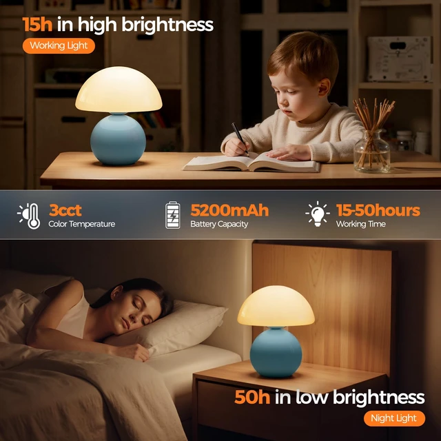 Alt view image 5 of 7 - Mushroom Lamp Table Lamp for Bedroom, Portables Cordless Table Lamp,Wireless lamp,Small Bedside Table Touch Lamps for Living Room,Mini Mushroom 5200mAh Battery Operated Lamp Modern Blue