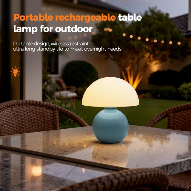 Alt view image 6 of 7 - Mushroom Lamp Table Lamp for Bedroom, Portables Cordless Table Lamp,Wireless lamp,Small Bedside Table Touch Lamps for Living Room,Mini Mushroom 5200mAh Battery Operated Lamp Modern Blue