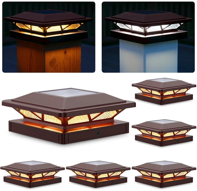Main image of Solar Post Cap Lights Outdoor 2 Modes 6 Pack Brown, (Warm/White) For 3.5x3.5, 4x4, 4.5x4.5 & 5x5 Wood or Vinyl Posts, Solar Powered Waterproof Lighting for Fence, Deck, Patio, Garden Decor