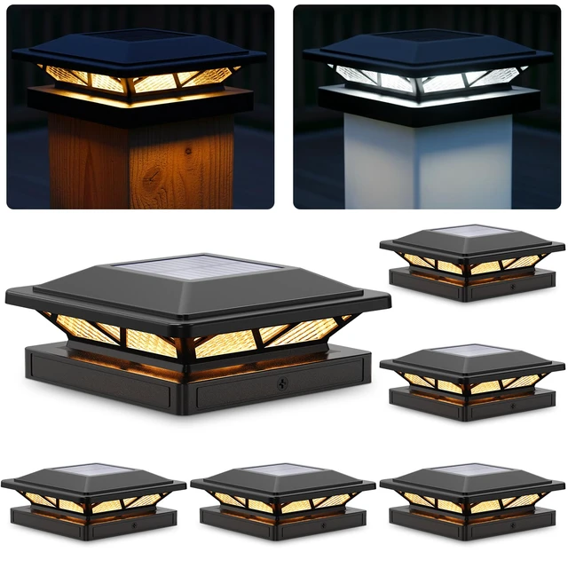 Main image of Solar Post Cap Lights Outdoor 2 Modes 6 Pack Black, (Warm/White) For 3.5x3.5, 4x4, 4.5x4.5 & 5x5 Wood or Vinyl Posts, Solar Powered Waterproof Lighting for Fence, Deck, Patio, Garden Decor
