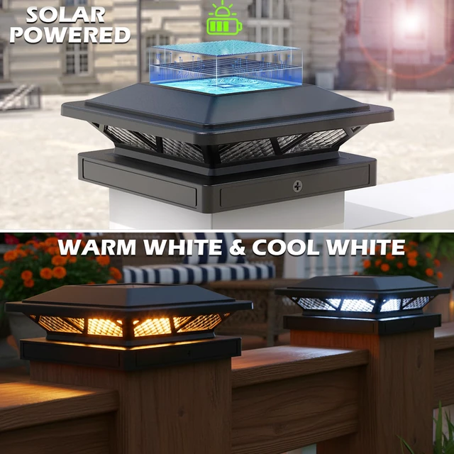 Alt view image 2 of 6 - Solar Post Cap Lights Outdoor 2 Modes 6 Pack Black, (Warm/White) For 3.5x3.5, 4x4, 4.5x4.5 & 5x5 Wood or Vinyl Posts, Solar Powered Waterproof Lighting for Fence, Deck, Patio, Garden Decor