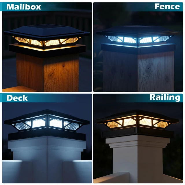 Alt view image 3 of 6 - Solar Post Cap Lights Outdoor 2 Modes 6 Pack Black, (Warm/White) For 3.5x3.5, 4x4, 4.5x4.5 & 5x5 Wood or Vinyl Posts, Solar Powered Waterproof Lighting for Fence, Deck, Patio, Garden Decor