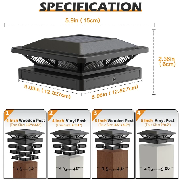 Alt view image 4 of 6 - Solar Post Cap Lights Outdoor 2 Modes 6 Pack Black, (Warm/White) For 3.5x3.5, 4x4, 4.5x4.5 & 5x5 Wood or Vinyl Posts, Solar Powered Waterproof Lighting for Fence, Deck, Patio, Garden Decor