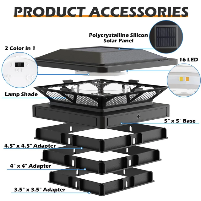 Alt view image 5 of 6 - Solar Post Cap Lights Outdoor 2 Modes 6 Pack Black, (Warm/White) For 3.5x3.5, 4x4, 4.5x4.5 & 5x5 Wood or Vinyl Posts, Solar Powered Waterproof Lighting for Fence, Deck, Patio, Garden Decor