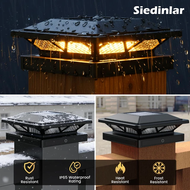 Alt view image 6 of 6 - Solar Post Cap Lights Outdoor 2 Modes 6 Pack Black, (Warm/White) For 3.5x3.5, 4x4, 4.5x4.5 & 5x5 Wood or Vinyl Posts, Solar Powered Waterproof Lighting for Fence, Deck, Patio, Garden Decor