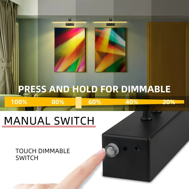 Alt view image 3 of 7 - Art Light,5000mAh Cordless Picture Light,20" Gallery Light,Black Rechargeable Photo Lights,Remote Timer and Dimmer Wall Sconces for Painting,Display,Frame,Room Decor
