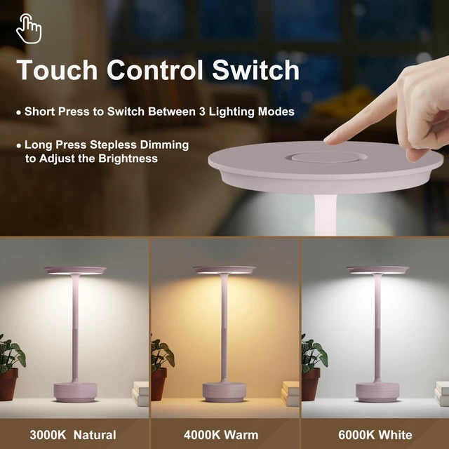 Alt view image 2 of 7 - 2 Pack Cordless Table Lamps Rechargeable, 5000mAh LED Table Light Portable 3 Color Stepless Dimming Battery Powered Table Lamp with Memory Function for Restaurant/Home/Outdoor.(Light Pink)
