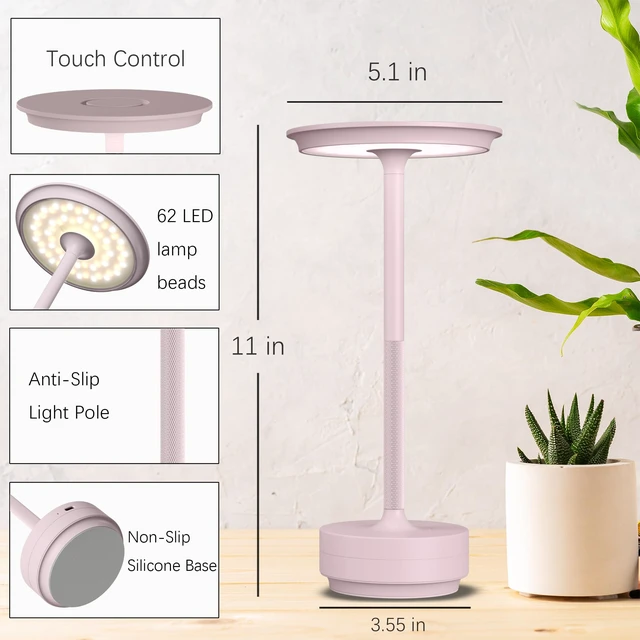 Alt view image 7 of 7 - 2 Pack Cordless Table Lamps Rechargeable, 5000mAh LED Table Light Portable 3 Color Stepless Dimming Battery Powered Table Lamp with Memory Function for Restaurant/Home/Outdoor.(Light Pink)