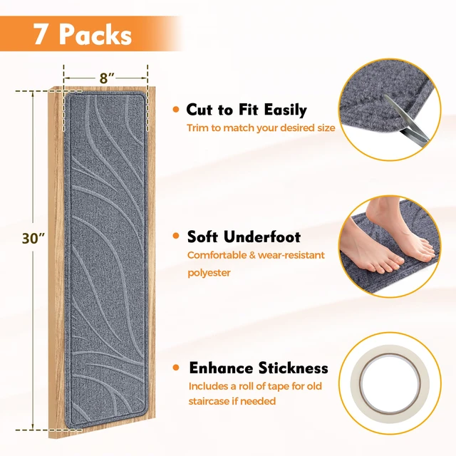 Alt view image 5 of 7 - Stair Treads for Wooden Steps, 7 PCS 8"x30", Grey Non-Slip TPE Backing Indoor Stair Runners, Washable & Reusable Stairs Carpet Rugs, No Residue, Safe for Kids, Pets, Seniors