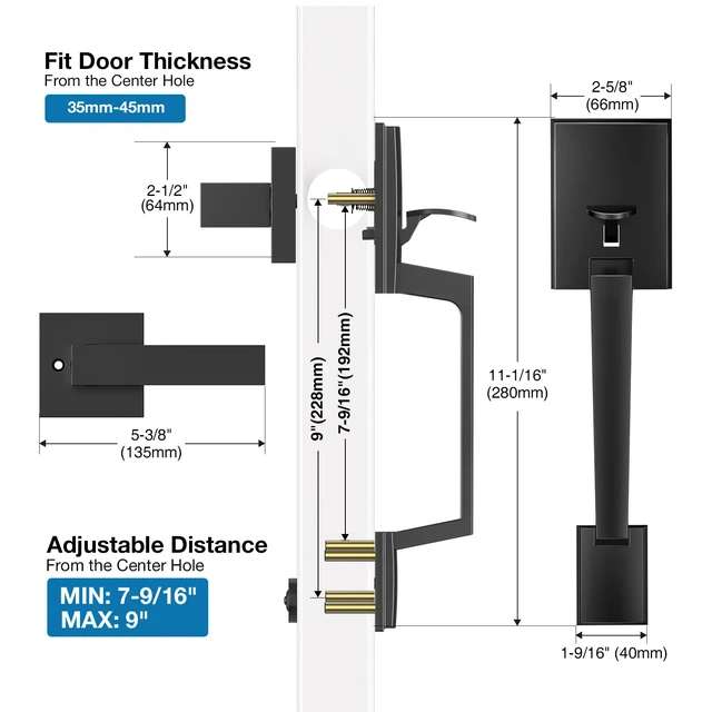 Alt view image 2 of 7 - Black Front Door Handle No Lock for Modern Entry Door Zinc Alloy, Reversible Exterior Door Handle for Left & Right Hand Door, Lower Half Grip, 35MM-45MM Door Thickness