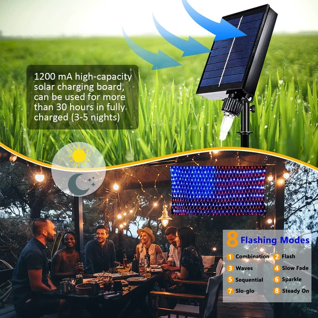Alt view image 3 of 7 - Solar Powered American Flag Lights, 420 LEDs Net Light up Outdoor Solar Flag Lights Super Bright Leds Waterproof USA Light for 4th of July Yard,Garden,Festival,Holiday,Independence Day Decor
