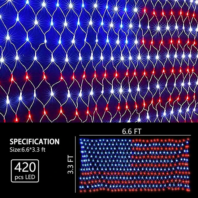 Alt view image 4 of 7 - Solar Powered American Flag Lights, 420 LEDs Net Light up Outdoor Solar Flag Lights Super Bright Leds Waterproof USA Light for 4th of July Yard,Garden,Festival,Holiday,Independence Day Decor
