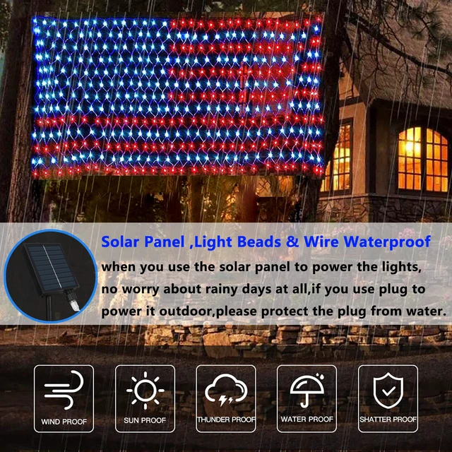 Alt view image 5 of 7 - Solar Powered American Flag Lights, 420 LEDs Net Light up Outdoor Solar Flag Lights Super Bright Leds Waterproof USA Light for 4th of July Yard,Garden,Festival,Holiday,Independence Day Decor