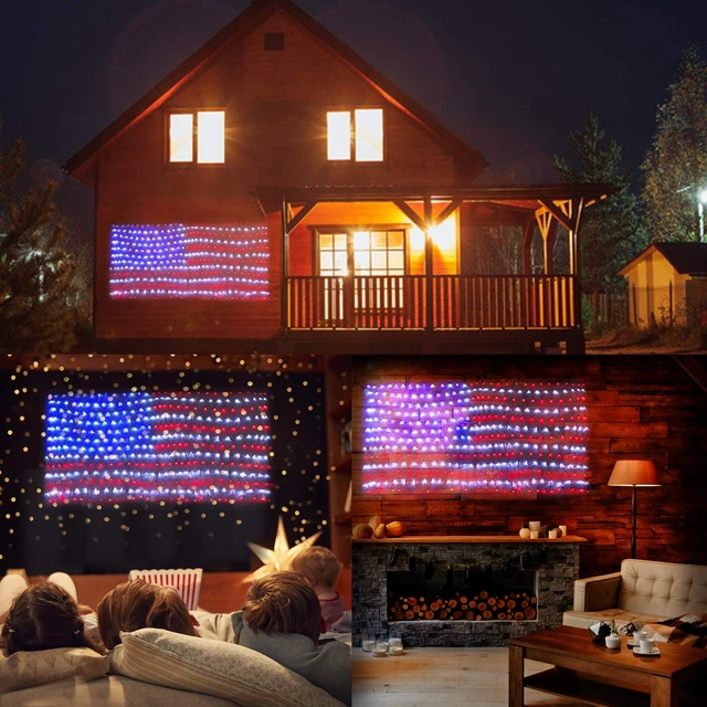 Alt view image 7 of 7 - Solar Powered American Flag Lights, 420 LEDs Net Light up Outdoor Solar Flag Lights Super Bright Leds Waterproof USA Light for 4th of July Yard,Garden,Festival,Holiday,Independence Day Decor