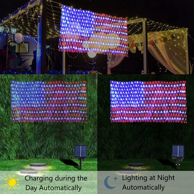 Alt view image 6 of 7 - Solar Powered American Flag Lights, 420 LEDs Net Light up Outdoor Solar Flag Lights Super Bright Leds Waterproof USA Light for 4th of July Yard,Garden,Festival,Holiday,Independence Day Decor