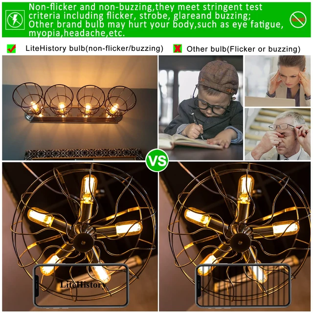 Alt view image 4 of 7 - T45 E26 Led Bulb 60 watt,Dimmable,Amber Light Bulbs,2200K,6Pack Edison Light Bulbs,6w=60 watt light bulbs,600lm,360°,AC120V,ETL,Warm Light Bulbs for pendant,Ceiling Fan,Sputnik,Vanity,Desk