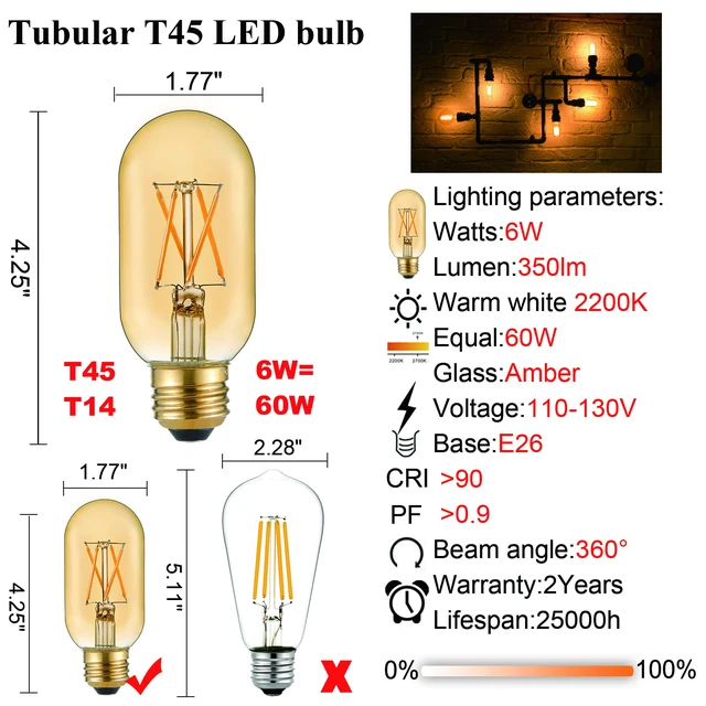 Alt view image 5 of 7 - T45 E26 Led Bulb 60 watt,Dimmable,Amber Light Bulbs,2200K,6Pack Edison Light Bulbs,6w=60 watt light bulbs,600lm,360°,AC120V,ETL,Warm Light Bulbs for pendant,Ceiling Fan,Sputnik,Vanity,Desk