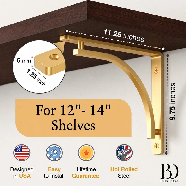 Alt view image 2 of 7 - Classic Brass Heavy Duty Shelf Brackets 12 inch by Gold L Bracket, Wall Mounted Support, Shelving Metal Bracket, Decorative Shelf Brackets, with Hardware Included, Set of 2