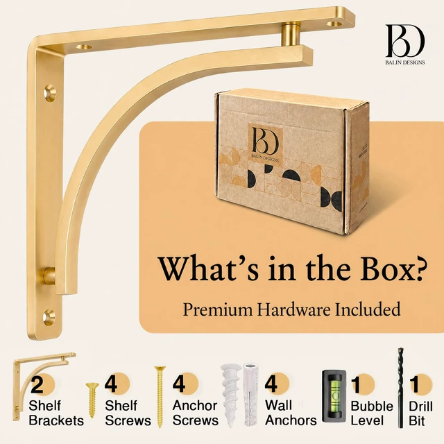 Alt view image 3 of 7 - Classic Brass Heavy Duty Shelf Brackets 12 inch by Gold L Bracket, Wall Mounted Support, Shelving Metal Bracket, Decorative Shelf Brackets, with Hardware Included, Set of 2