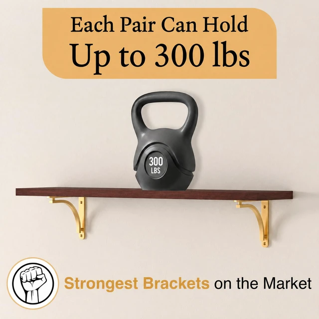 Alt view image 6 of 7 - Classic Brass Heavy Duty Shelf Brackets 12 inch by Gold L Bracket, Wall Mounted Support, Shelving Metal Bracket, Decorative Shelf Brackets, with Hardware Included, Set of 2