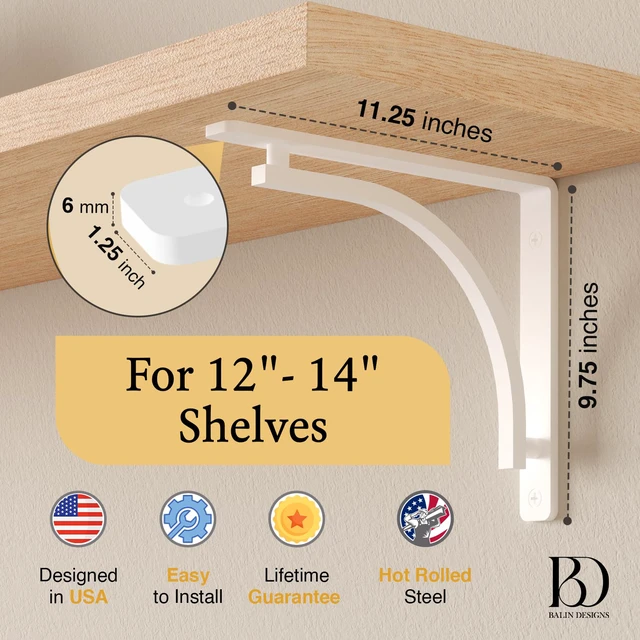 Alt view image 2 of 7 - Classic White Heavy Duty Shelf Brackets 12 inch by L Bracket, Wall Mounted Support, Shelving Metal Bracket, Decorative Shelf Brackets, with Hardware Included, Set of 2