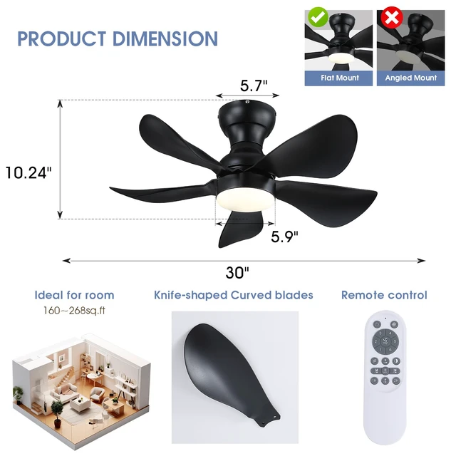 Alt view image 2 of 7 - 30"Black Low Profile Flush Mount Ceiling Fans with Lights and Remote Super Large Airflow with 6 Wind Speeds, Reversible, Dimmable 3 CCT LED, 30W Noiseless DC Motor,Timer, for Bedroom Kitchen