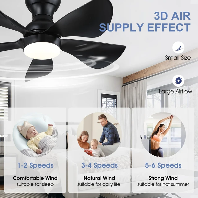 Alt view image 5 of 7 - 30"Black Low Profile Flush Mount Ceiling Fans with Lights and Remote Super Large Airflow with 6 Wind Speeds, Reversible, Dimmable 3 CCT LED, 30W Noiseless DC Motor,Timer, for Bedroom Kitchen