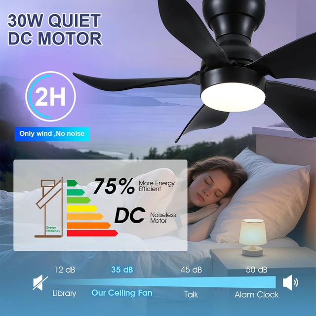 Alt view image 6 of 7 - 30"Black Low Profile Flush Mount Ceiling Fans with Lights and Remote Super Large Airflow with 6 Wind Speeds, Reversible, Dimmable 3 CCT LED, 30W Noiseless DC Motor,Timer, for Bedroom Kitchen